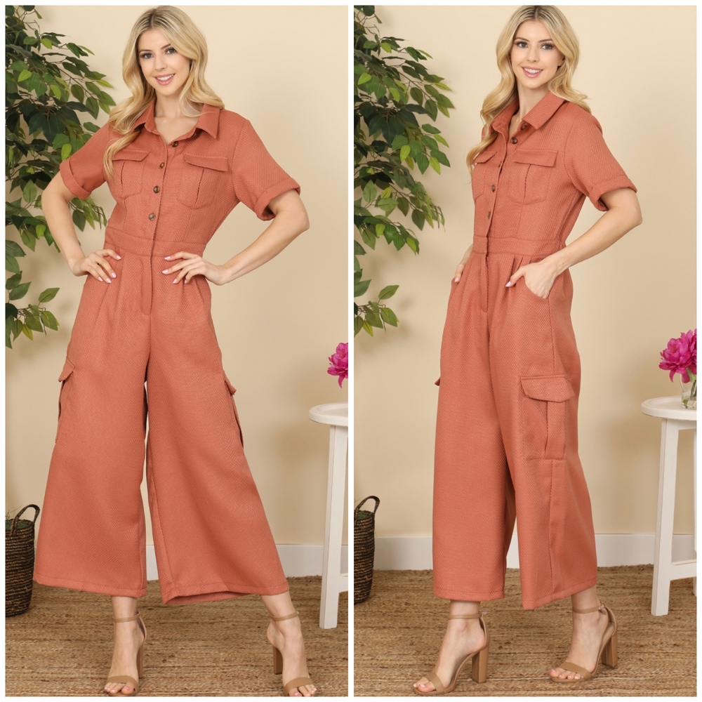 Women's Rust Color Utility Chic Jumpsuit - Picture 5 of 7